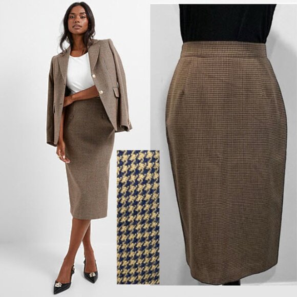Preppy Long Skirt Brown Houndstooth Pencil Skirt Size 8 - Picture 1 of 16